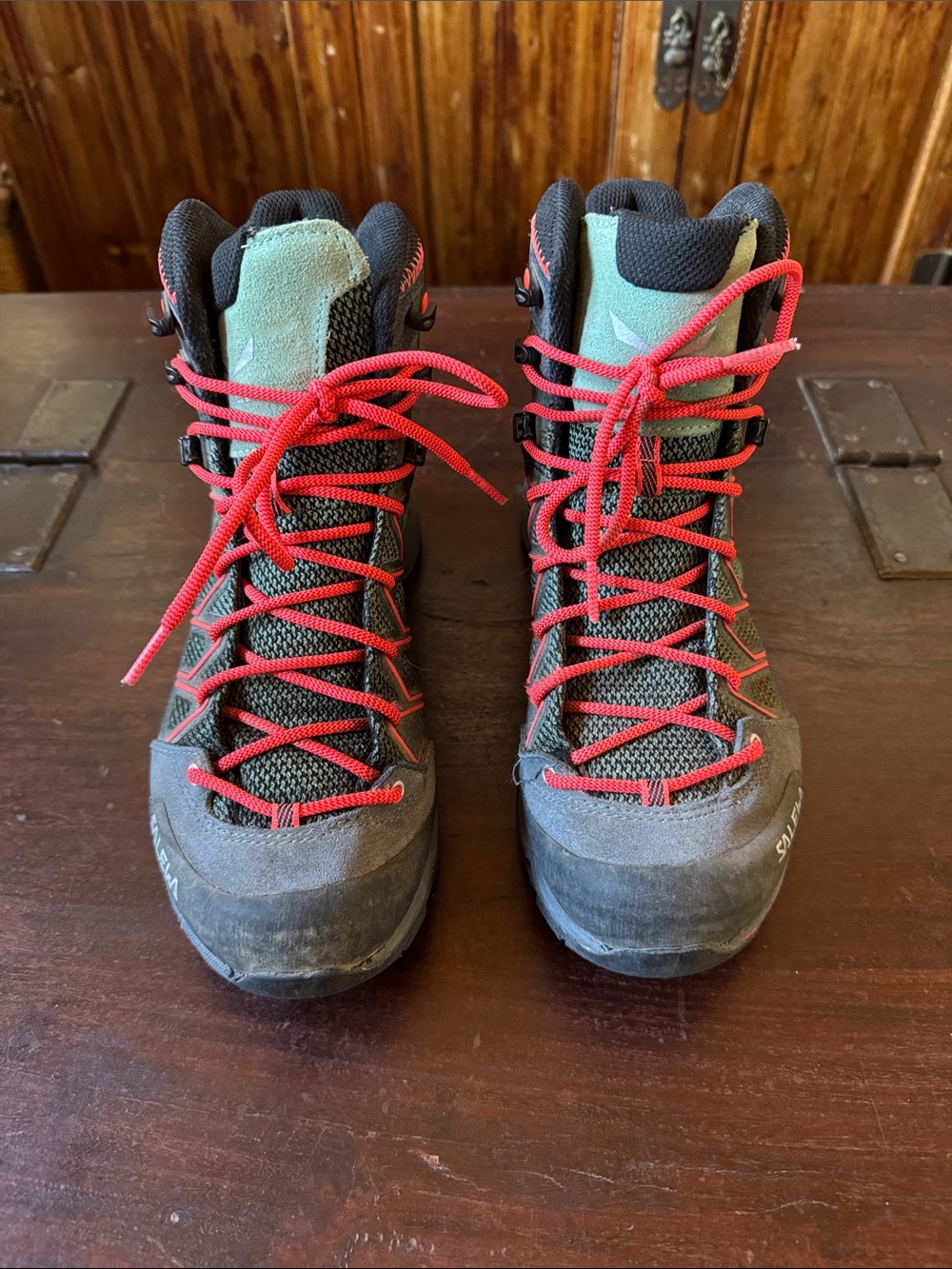 Women’s Salewa Lace-Up Hiking Boots in Gray with Red Laces